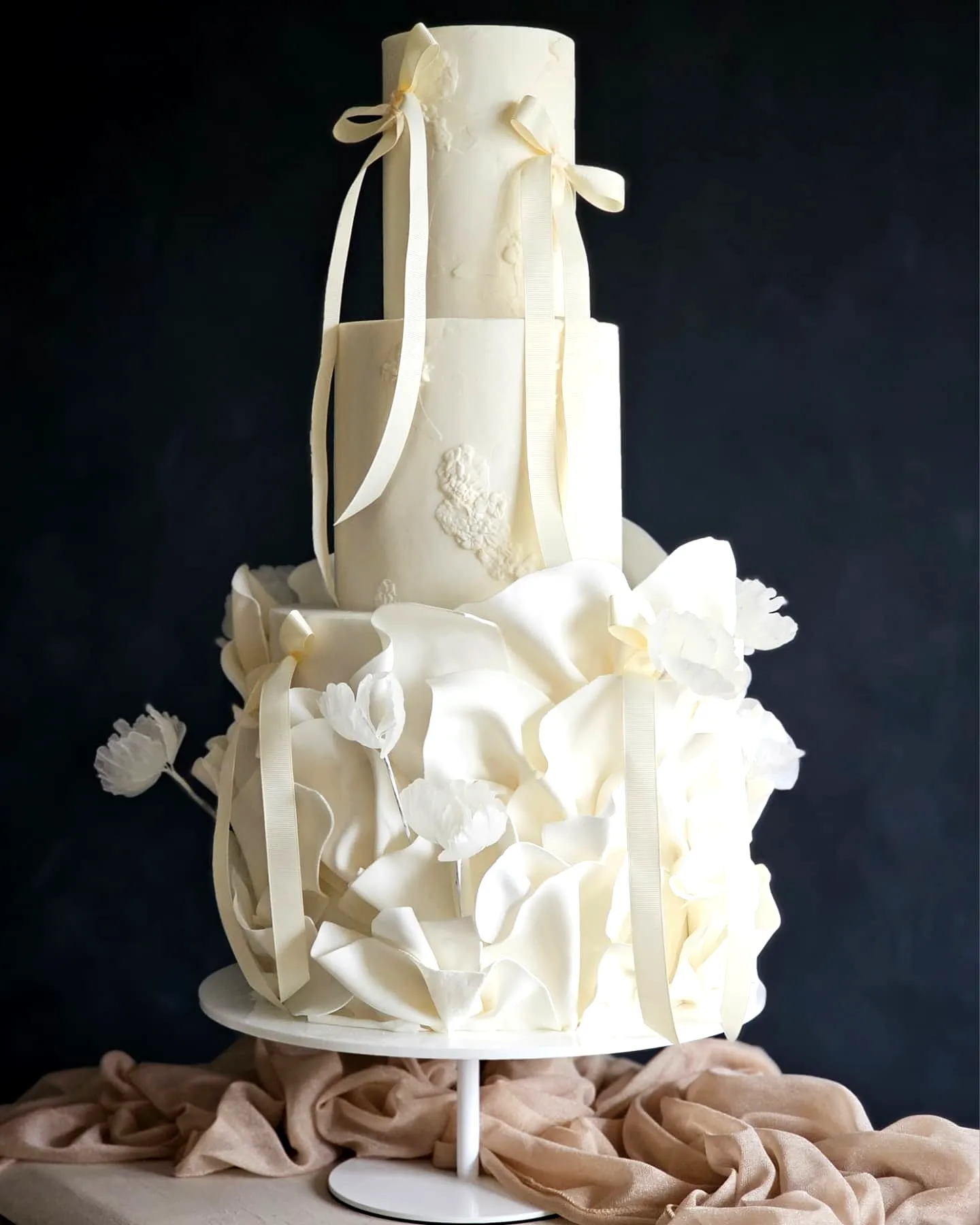 Elegant 3 Tier Wedding Cake with Soft Ivory Tones and Floral Textures