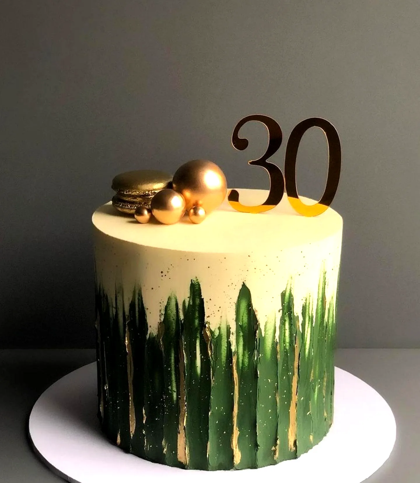 Elegant 30th Birthday Cake Design with Gold Accents and Foliage Texture