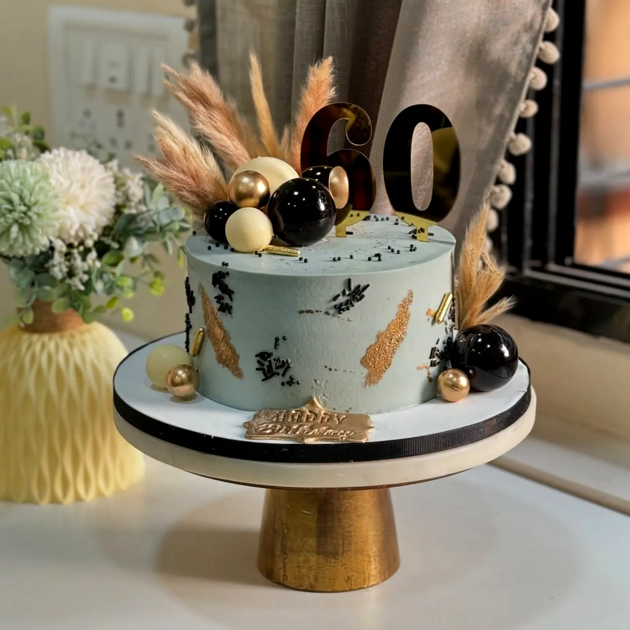 Elegant 60th Birthday Cake for a Man with Modern Design and Gold Accents