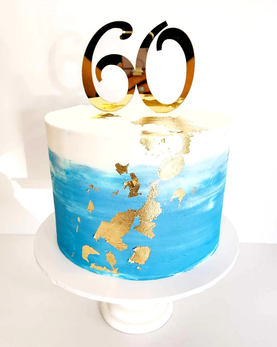 Elegant 60th Birthday Cake with Ocean Blue Buttercream and Gold Accents