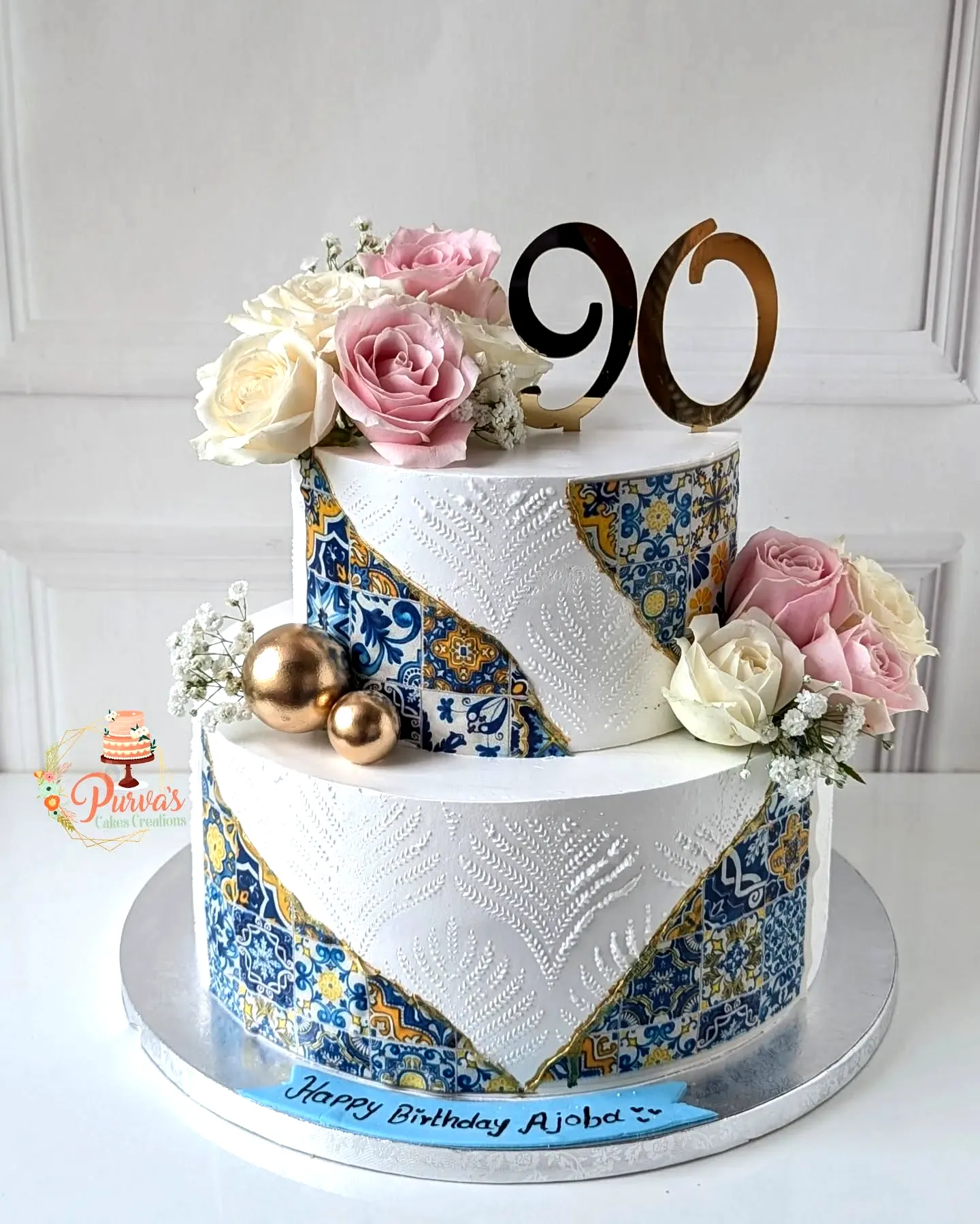 Elegant 90th Birthday Cake with Modern Design and Floral Accents