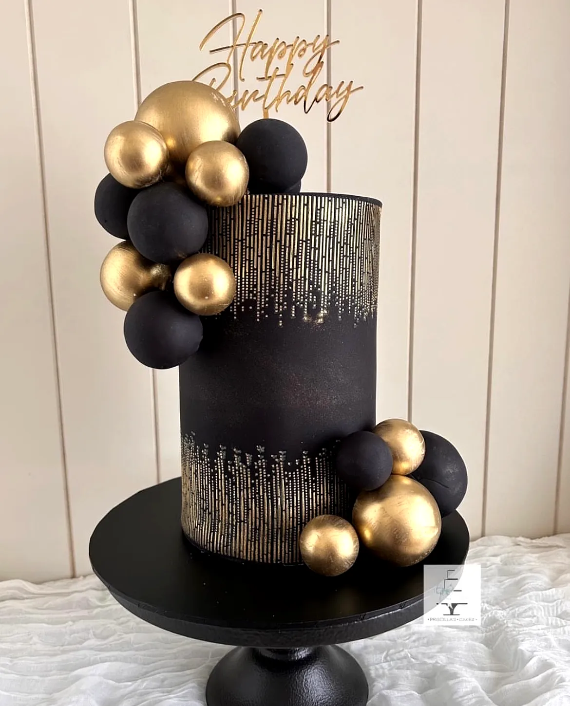 Elegant black and gold birthday cake design for a modern celebration
