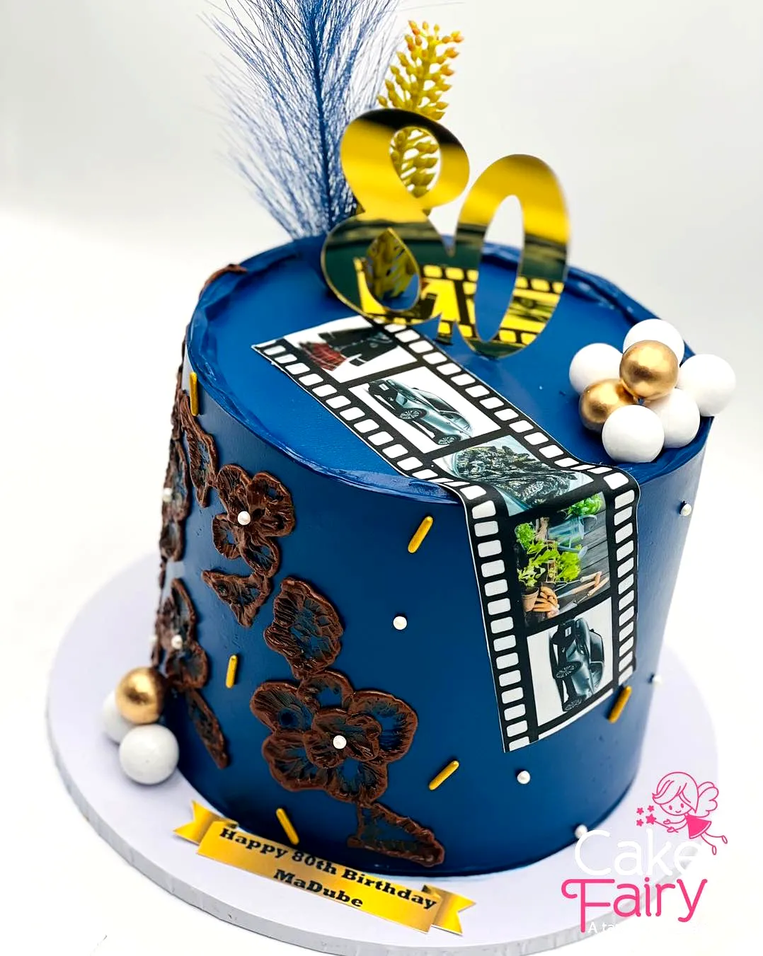 Elegant Blue Three-Tiered Cake for 80th Birthday Celebration
