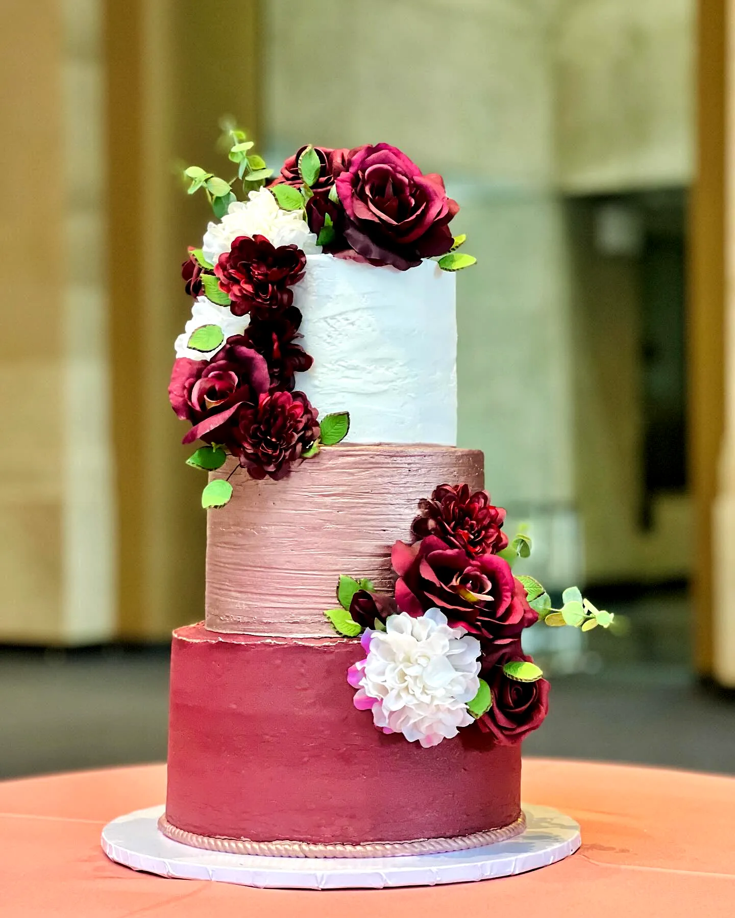 Elegant Burgundy Wedding Cake Design with Chic Rustic Touches