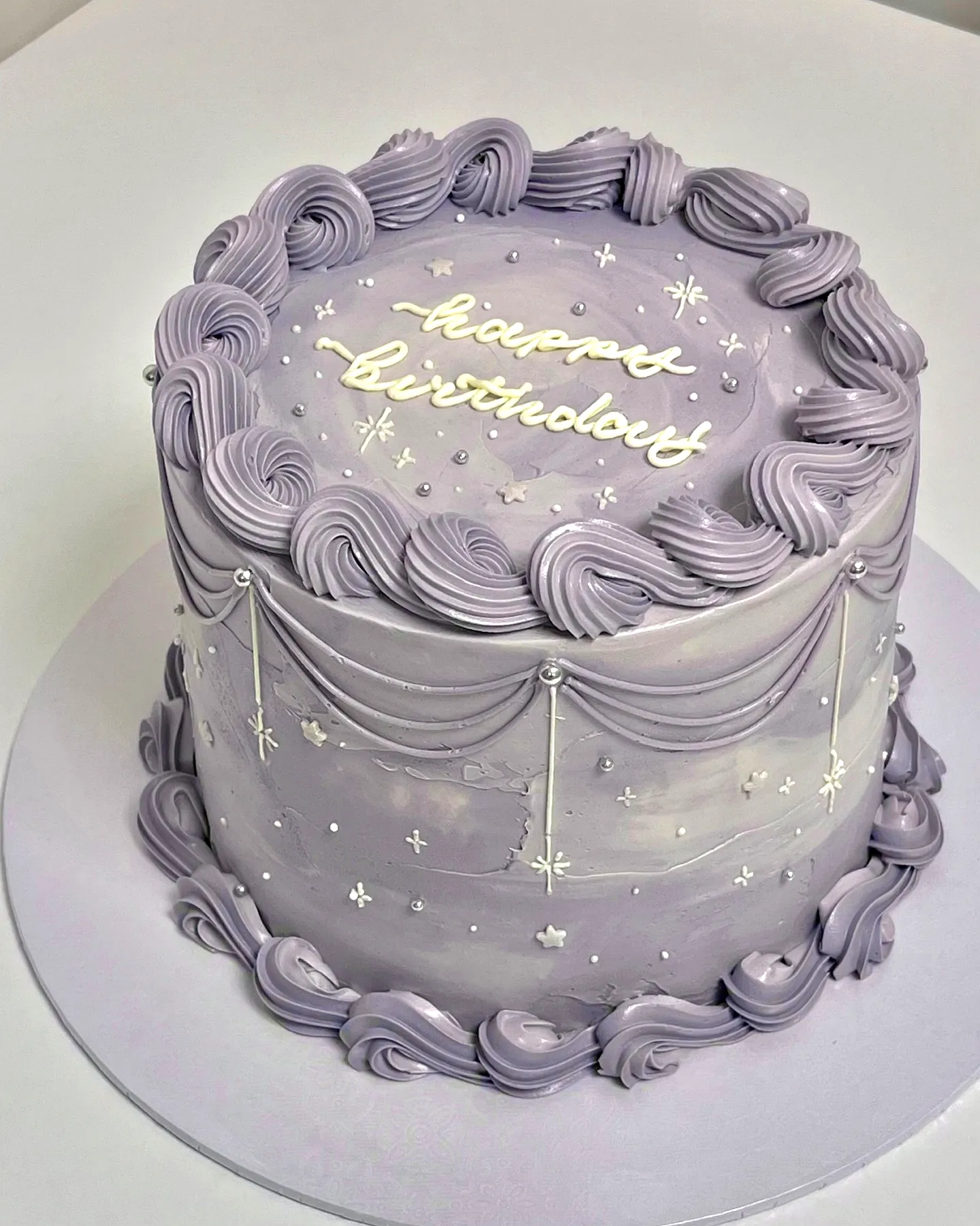 Elegant Lavender Birthday Cake Design with Sophisticated Decorations