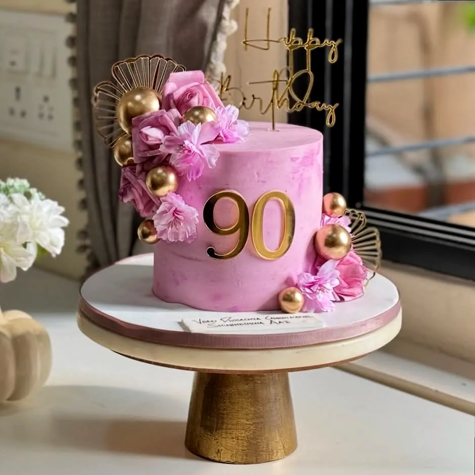 Elegant mother birthday cake design with pink and gold accents