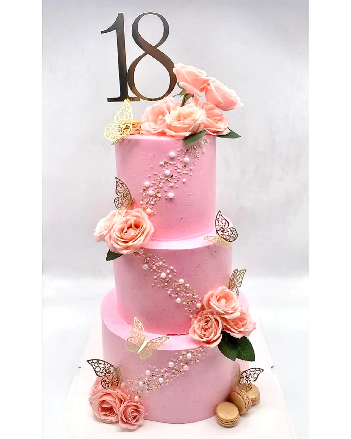 Elegant Pink Buttercream 18th Birthday Cake Design with Fresh Roses