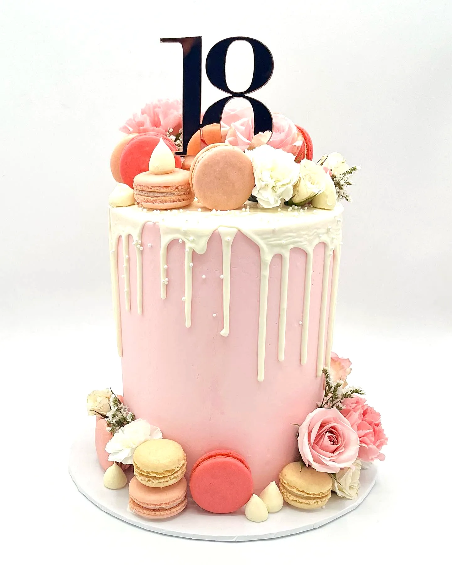 Elegant pink drip cake design for 18th birthday celebration