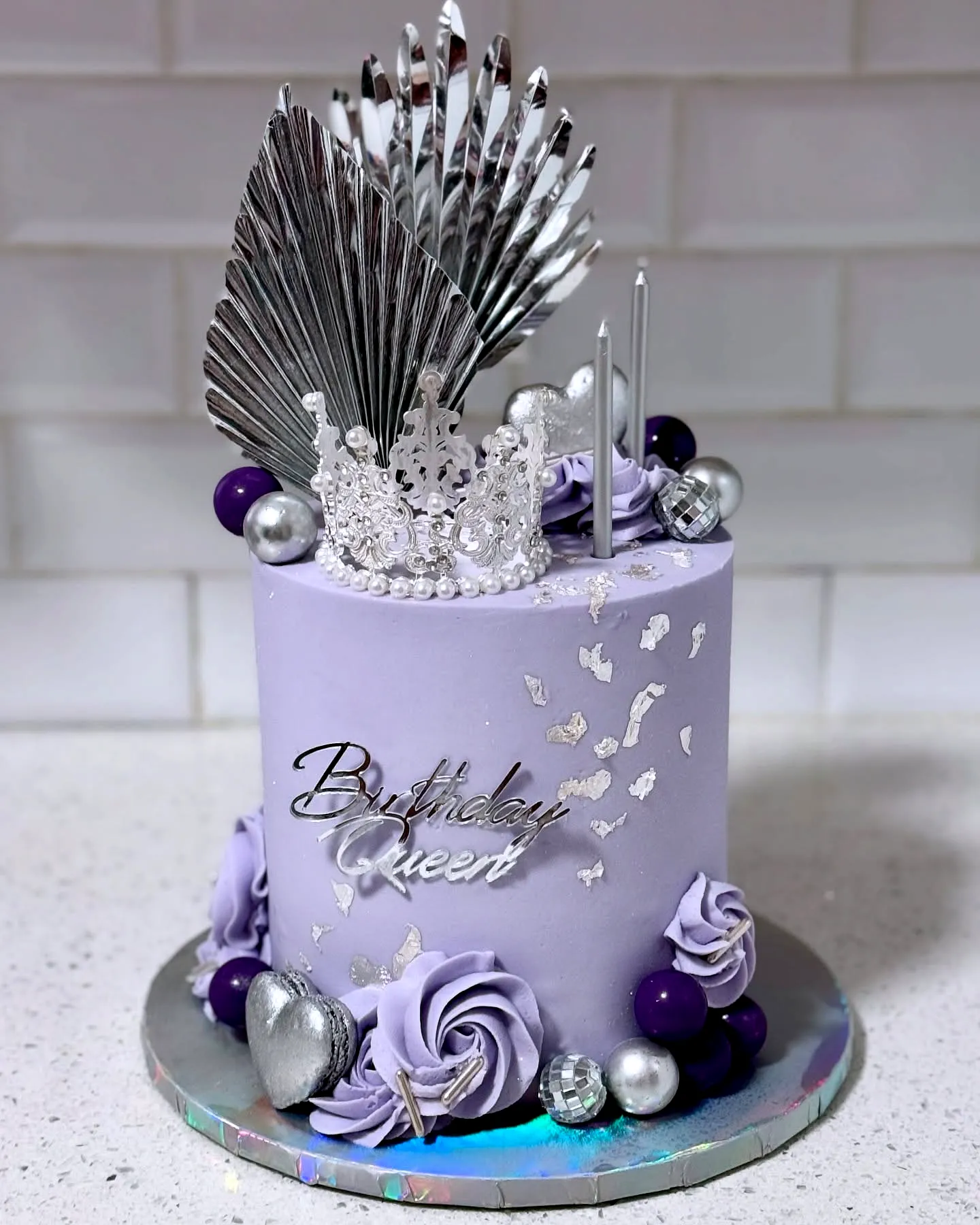 Elegant Purple Birthday Cake Design with Lavender Rose Decorations