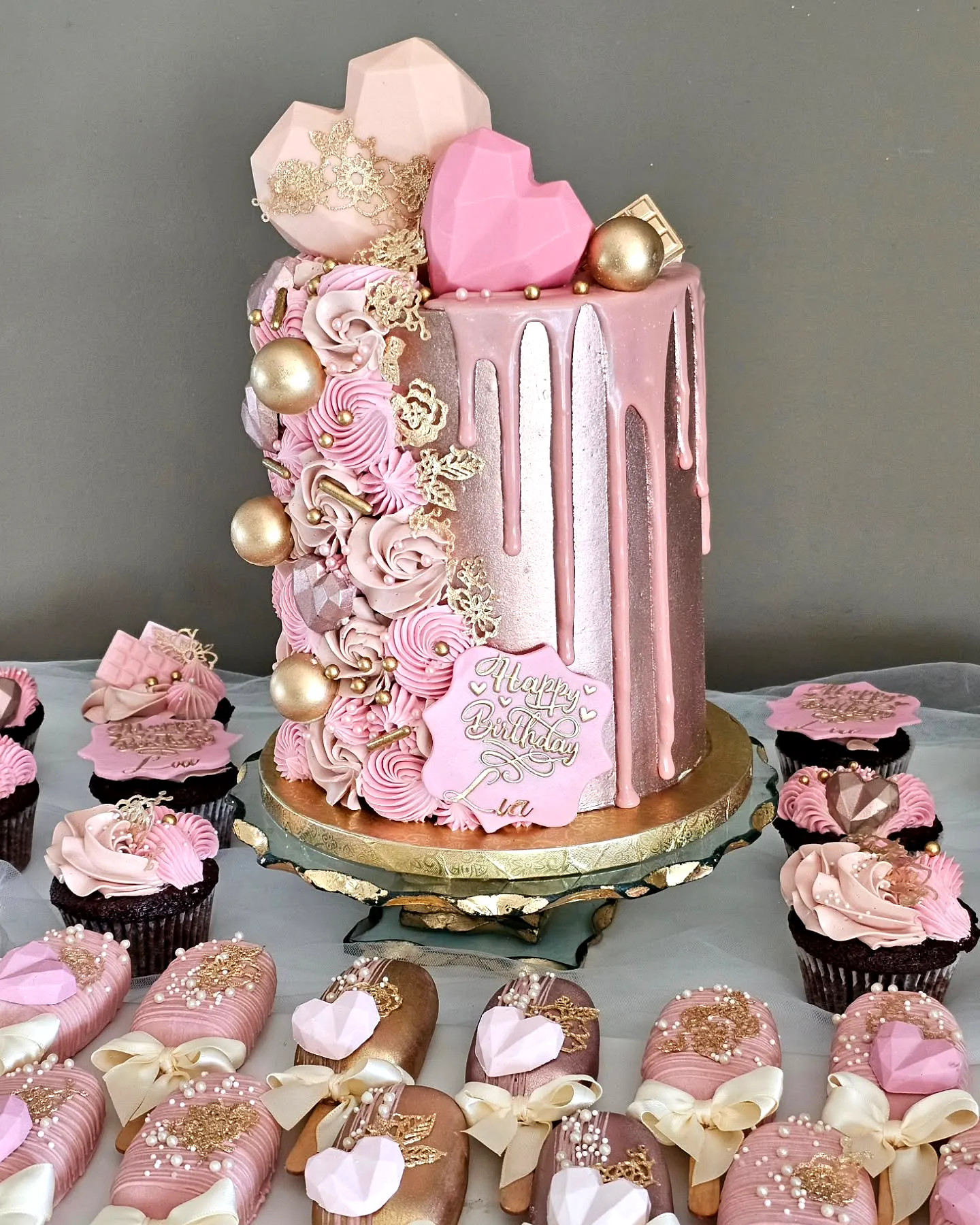 Elegant rose gold birthday cake design for a stunning celebration