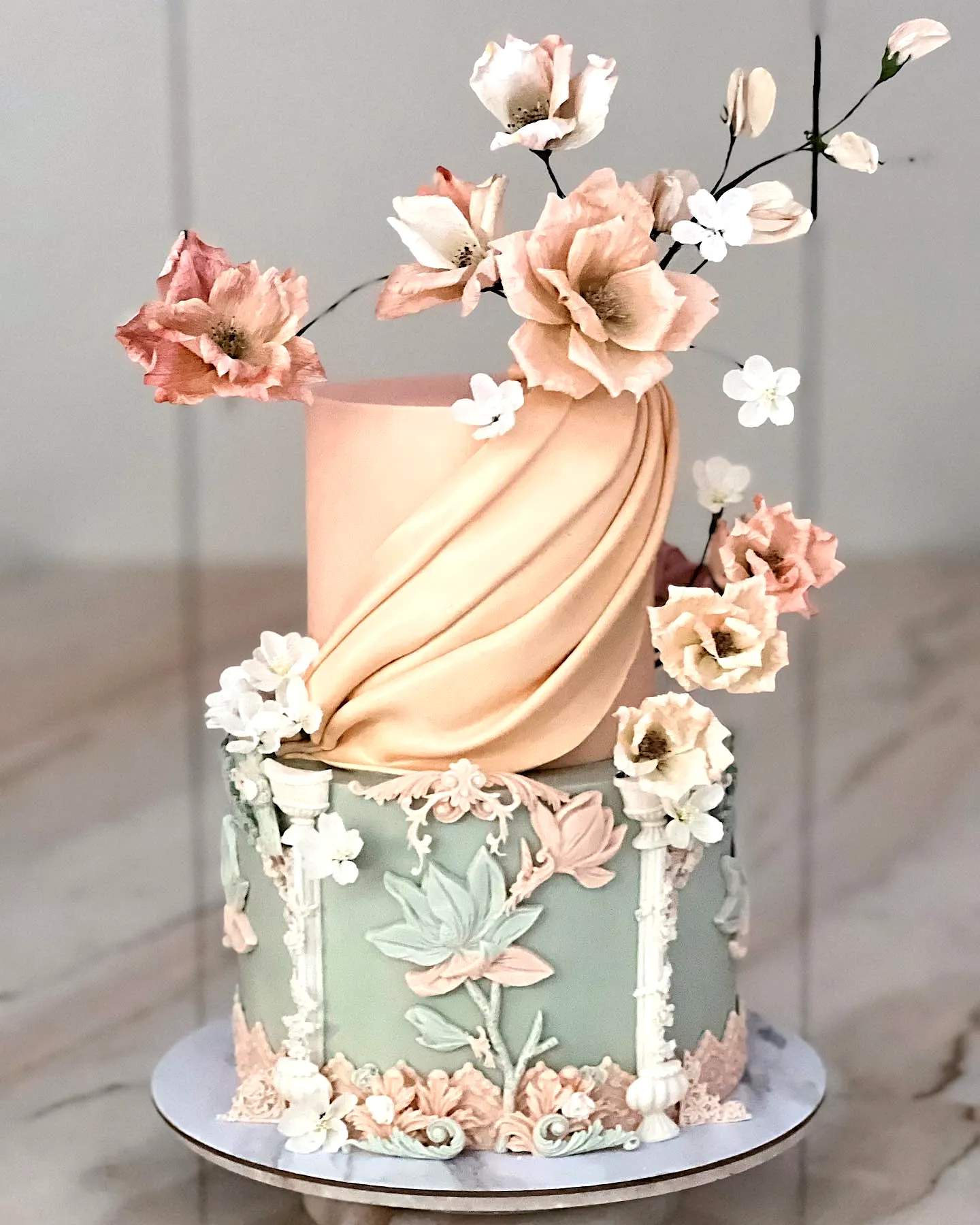Elegant Sage Green Birthday Cake Design with Floral Accents