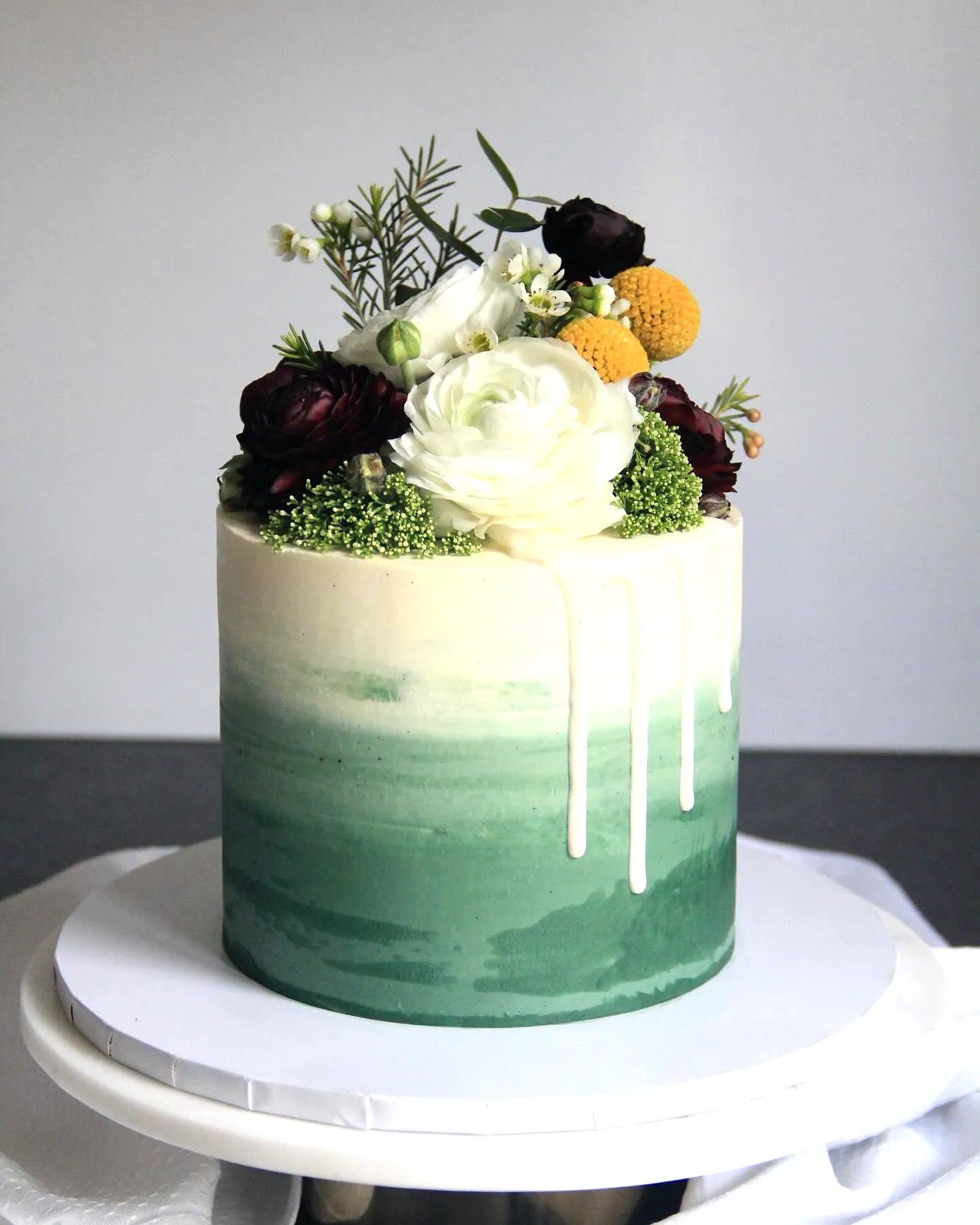 Elegant Sage Green Birthday Cake Design with Ombre Buttercream and Fresh Flowers