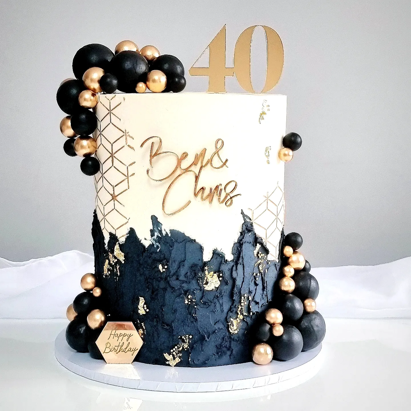 Elegant two-tiered cake for a trendy 40th birthday celebration