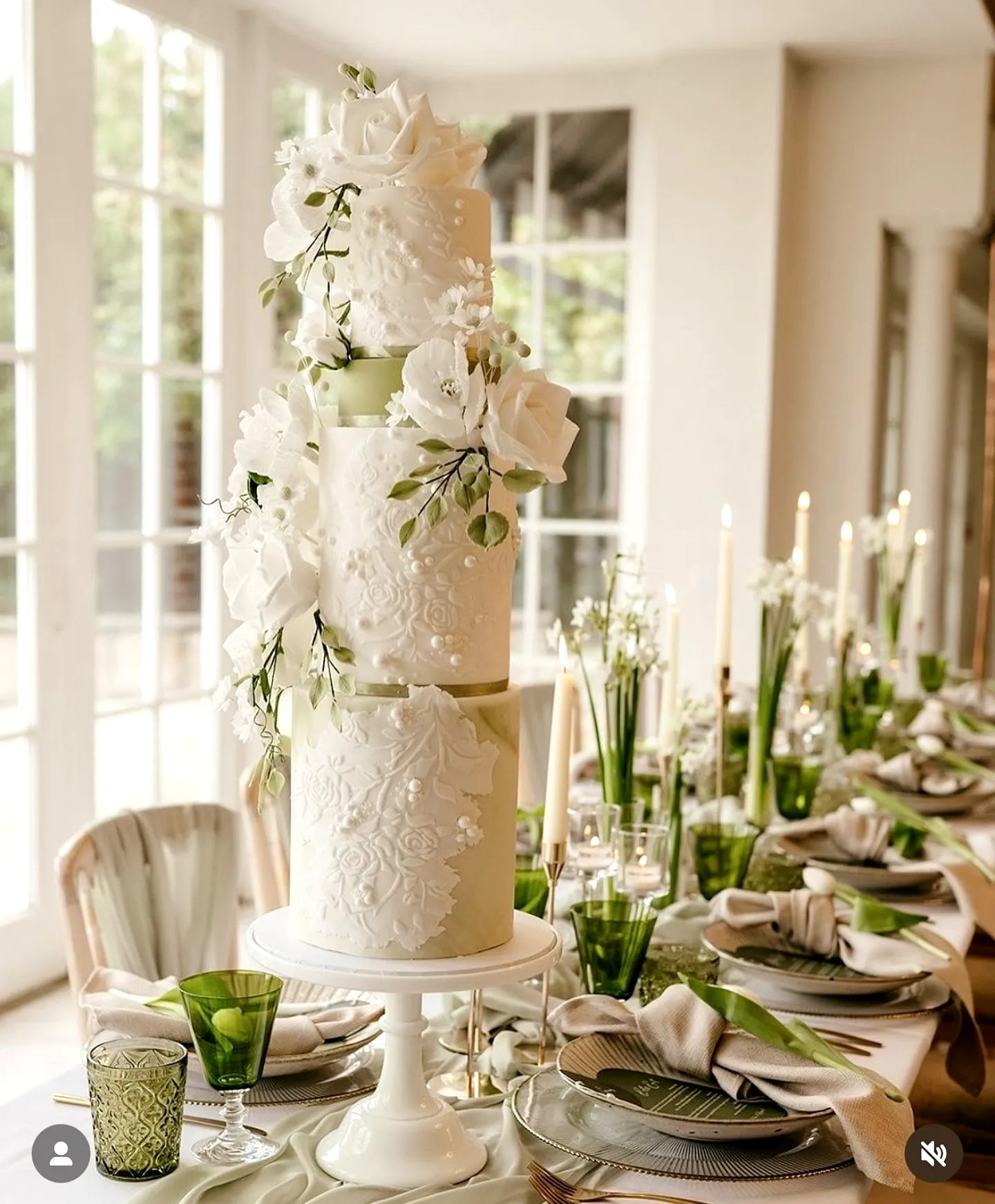 Elegant Wedding Cake Table with Intricate Floral Design and Soft Colors