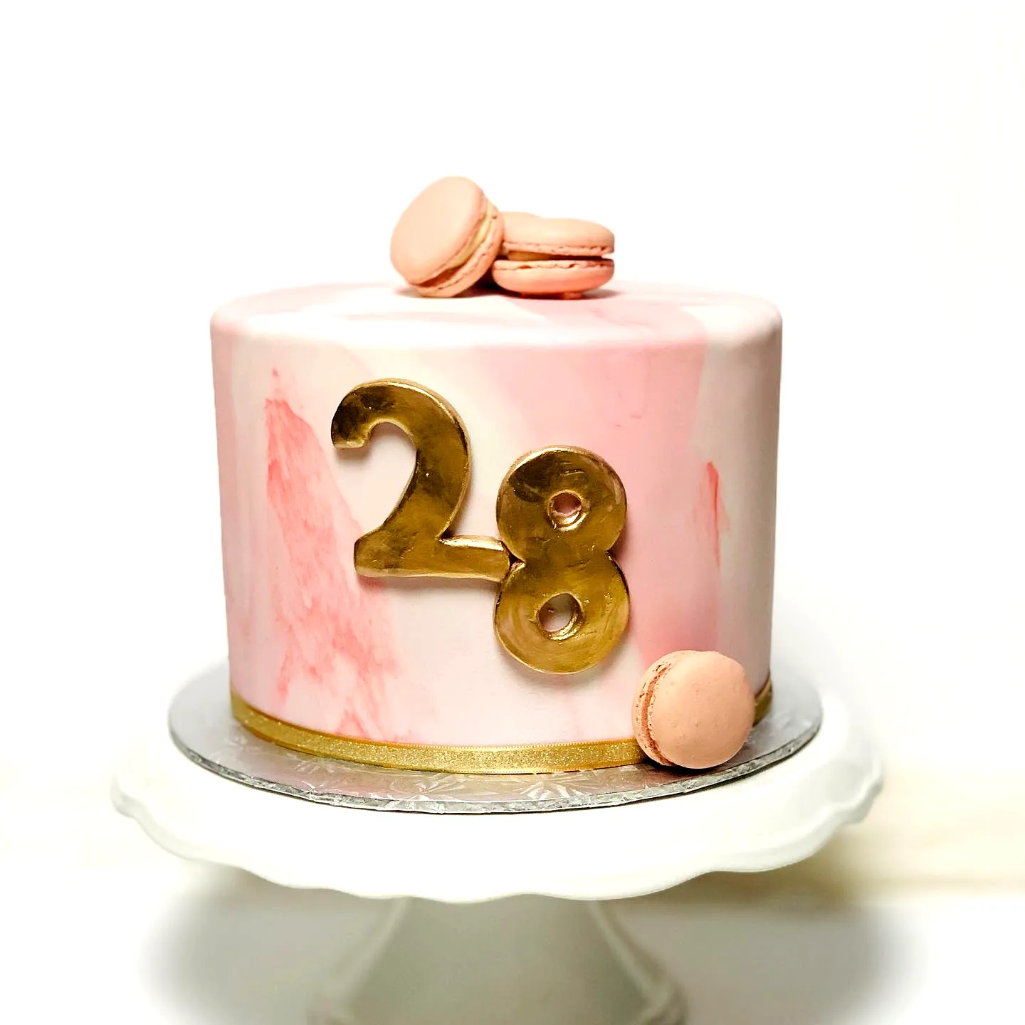 Fun Rose Gold Birthday Cake Design with Pink and White Marbled Finish