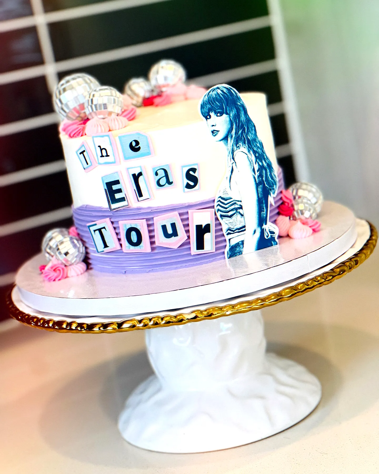 Fun Taylor Swift Birthday Cake Design with Purple Accents and Pastel Swirls
