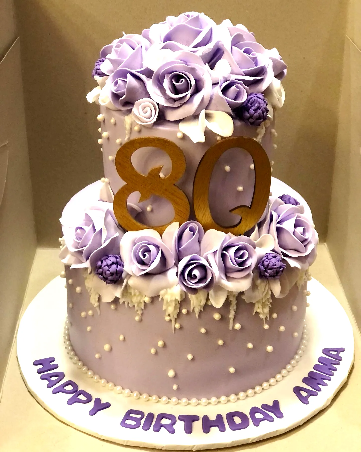 Lovely 80th birthday cake with purple fondant and elegant sugar flowers
