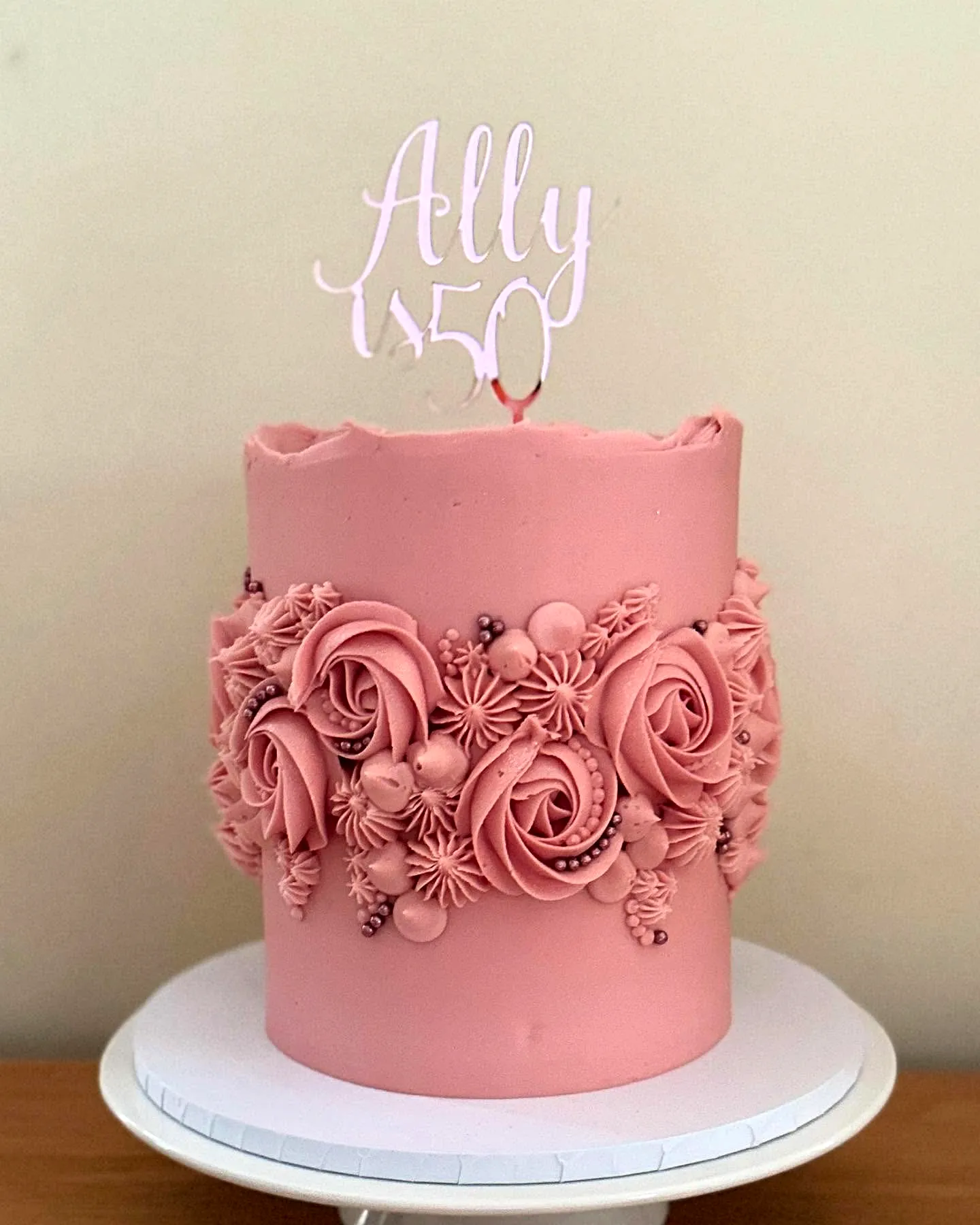 Lovely Pink Birthday Cake Design with Elegant Rosettes and Pearls