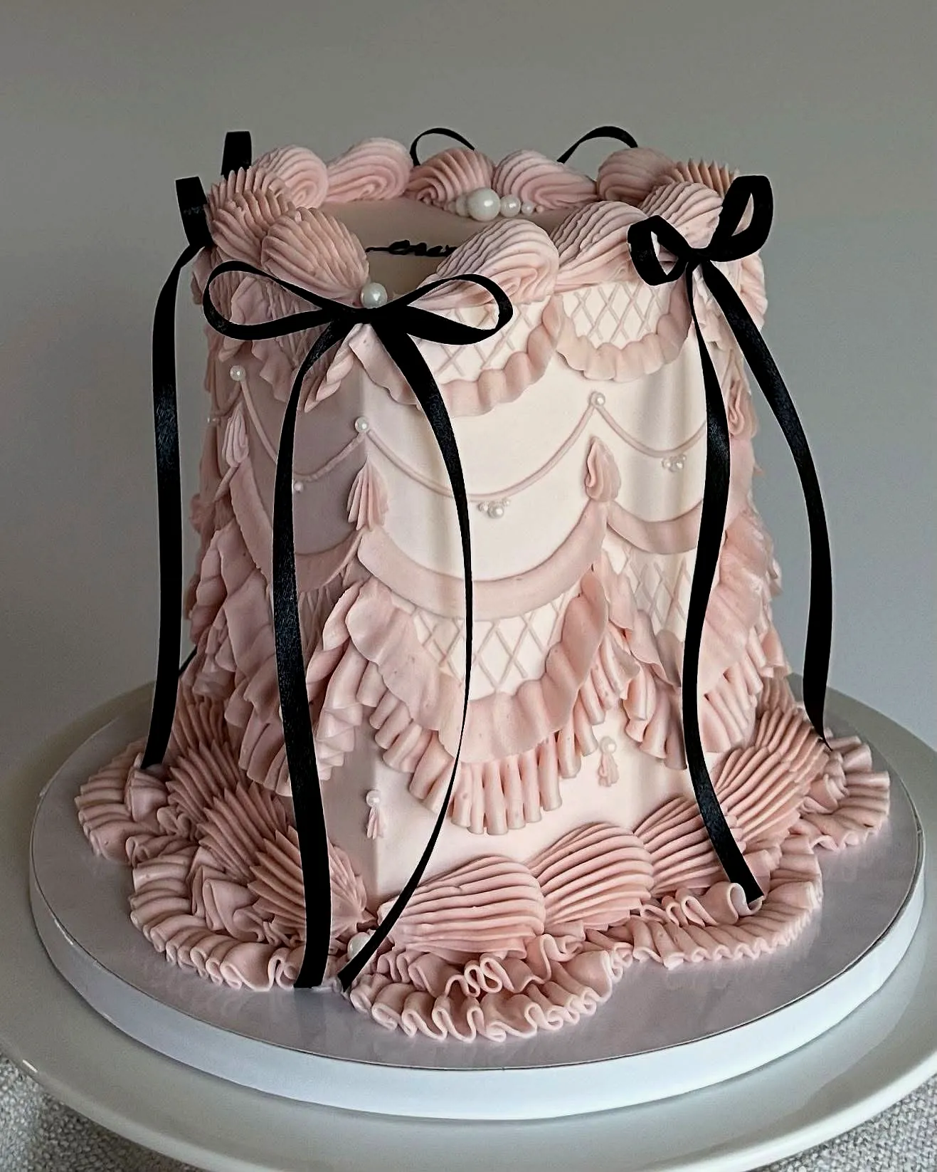 Lovely Pink Birthday Cake Design with Elegant Ruffles and Decorative Pearls
