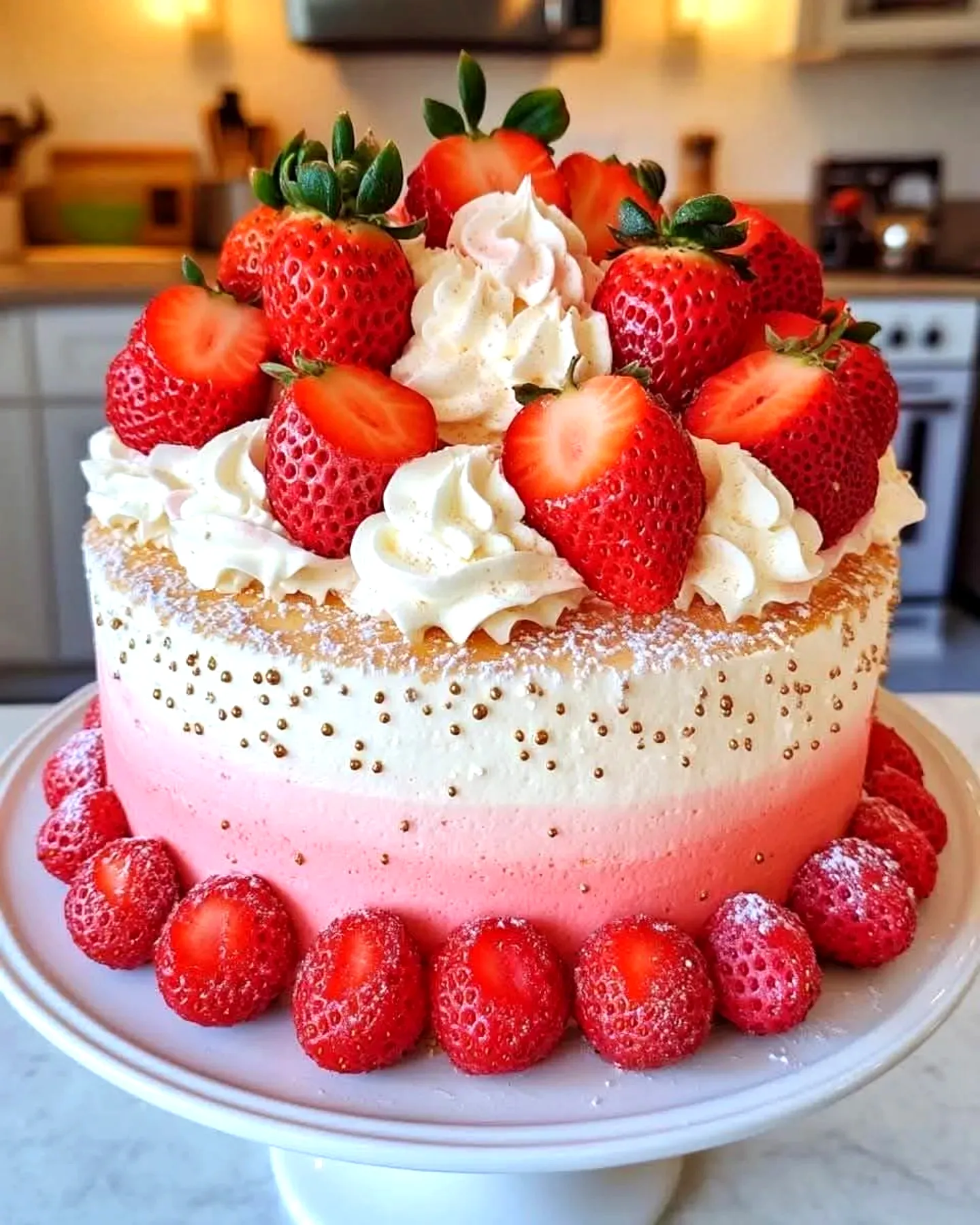 Lovely strawberry birthday cake with elegant ombre design and fresh toppings