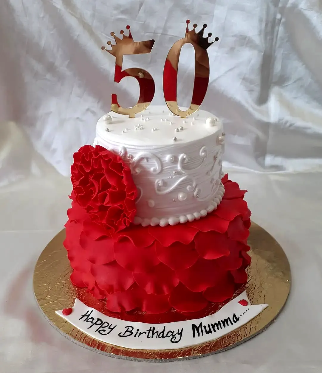 Stunning 50th Birthday Cake Design in Vibrant Red and Elegant White