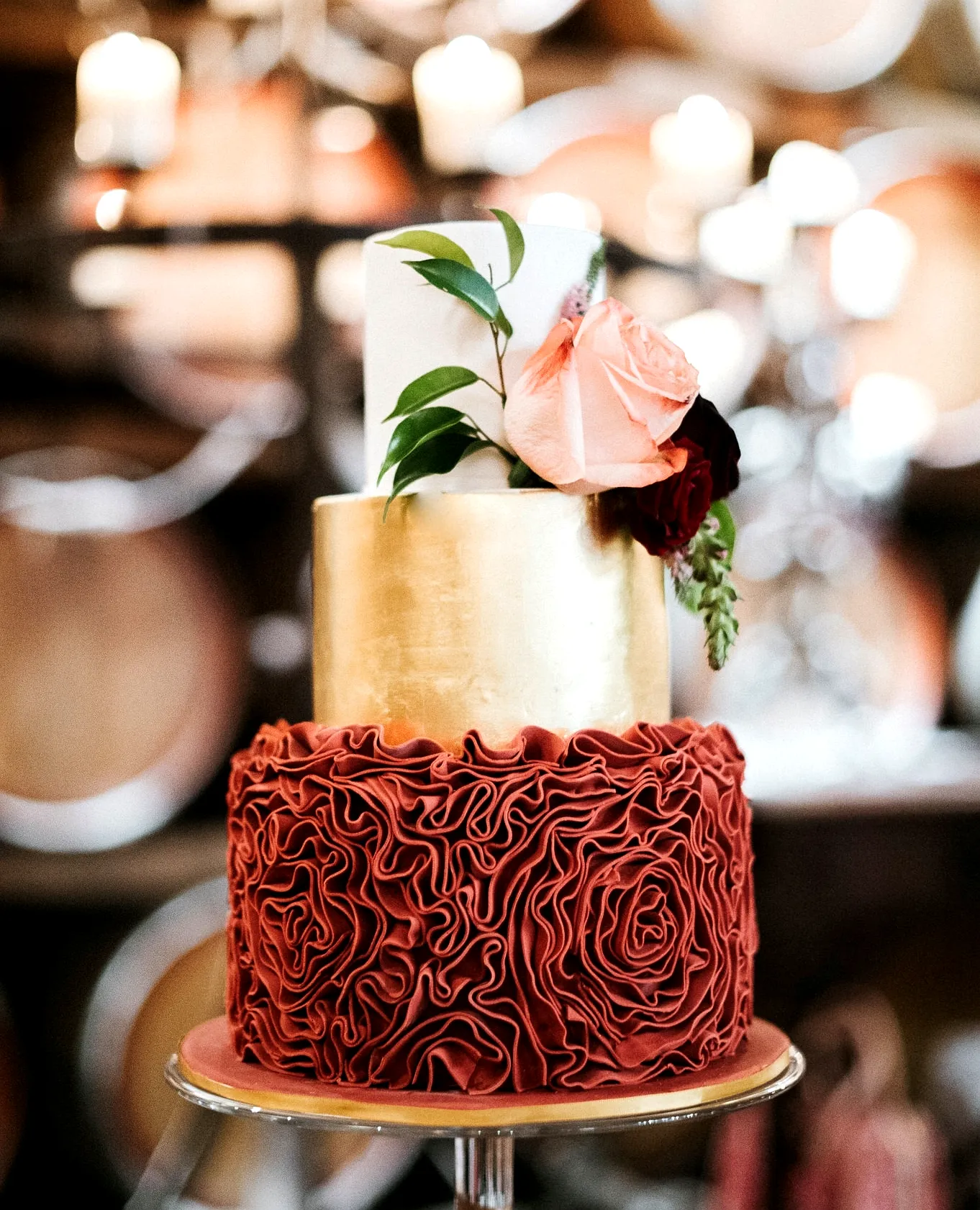 Stunning Burgundy Wedding Cake Design with Elegant Ruffled Details