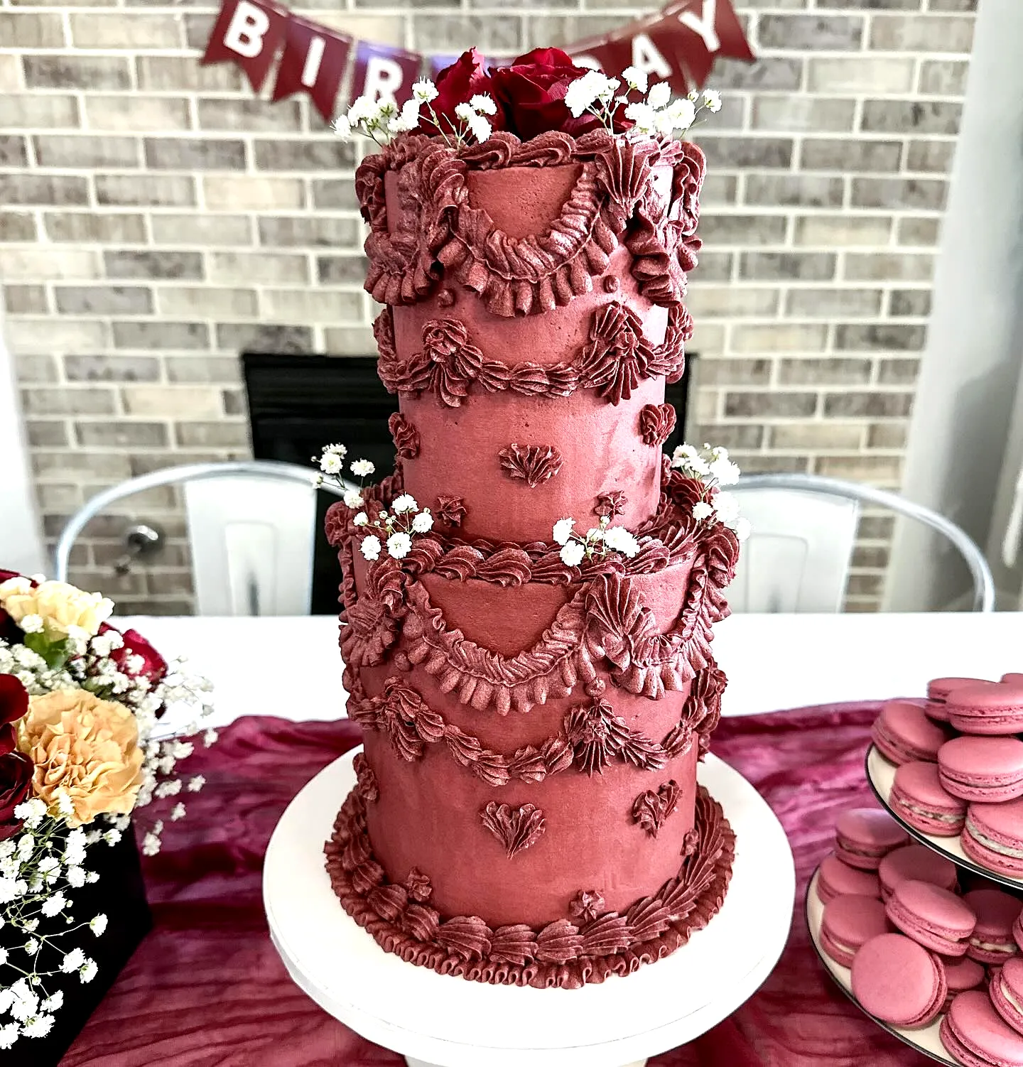 Stunning Burgundy Wedding Cake Design with Ruffles and Floral Accents