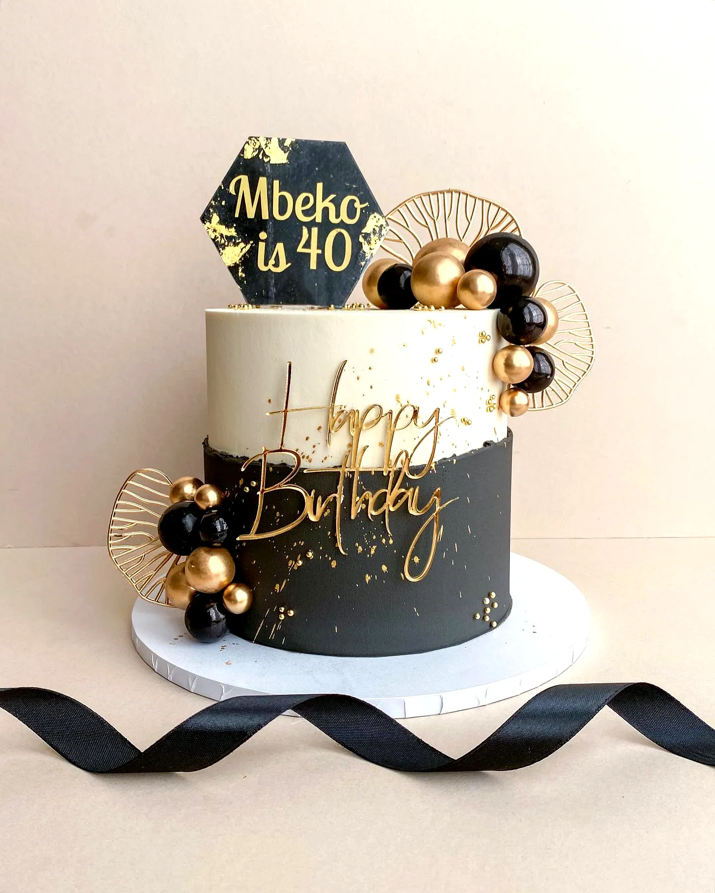 Stylish Black Birthday Cake Design with Elegant Gold Accents and Modern Touches