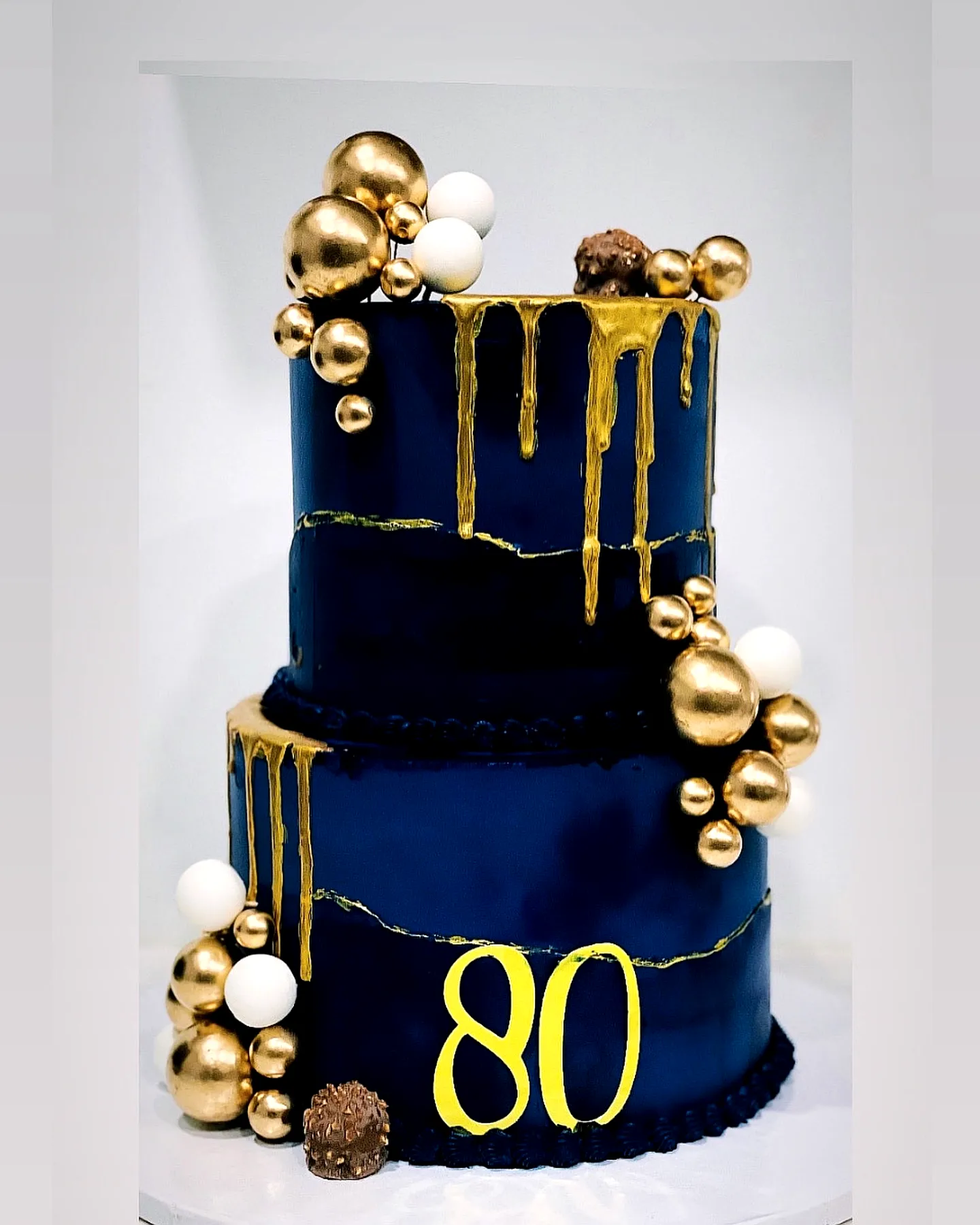 Stylish Navy Blue 80th Birthday Cake with Elegant Gold Accents