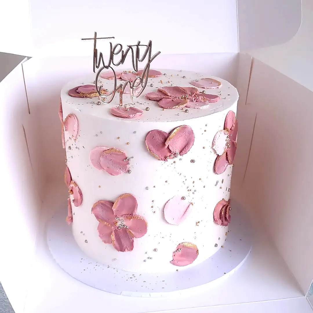 Trendy 21st Birthday Cake in Elegant Minimalist Style with Floral Accents