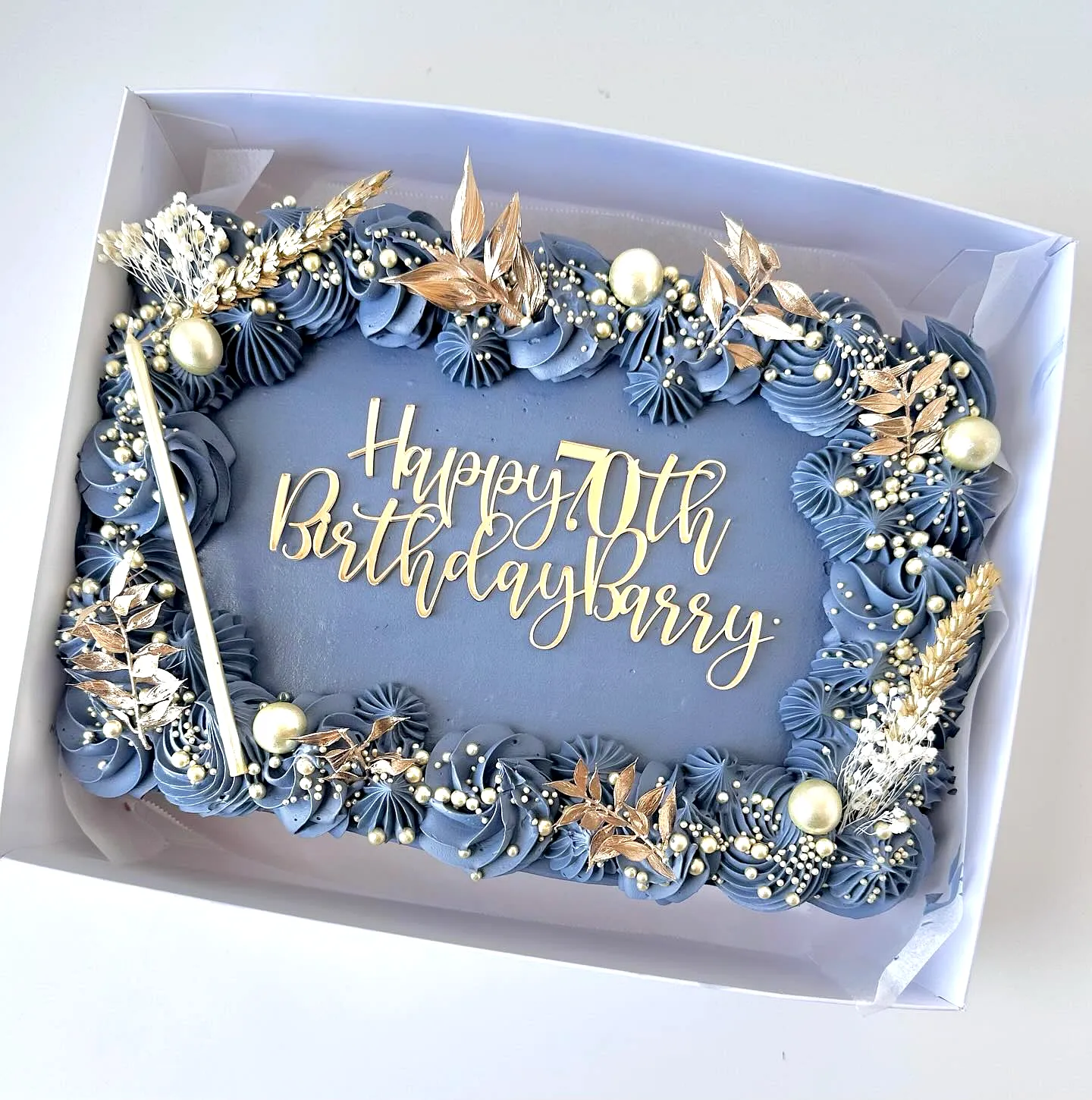 Trendy 70th Birthday Cake Design with Elegant Blue Fondant and Golden Accents