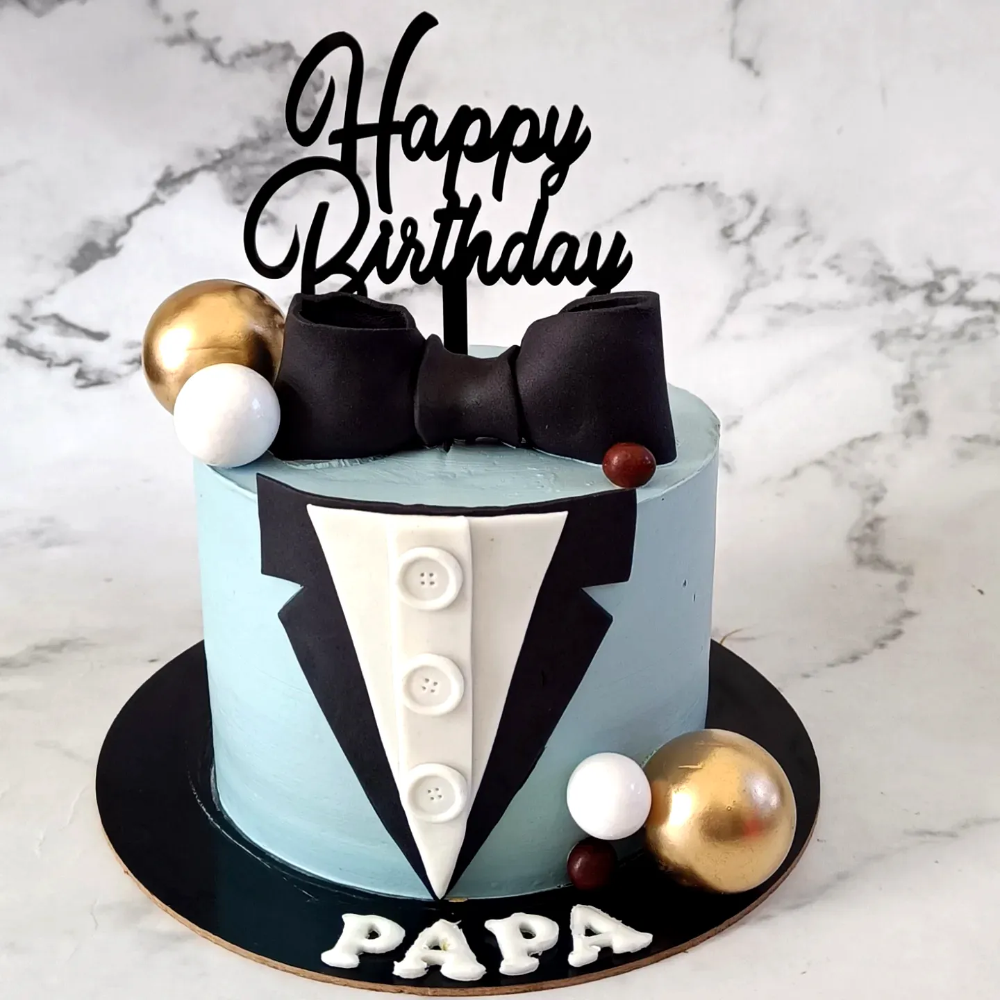 Trendy Birthday Cake Design for Men Featuring Tuxedo Theme and Elegant Accents