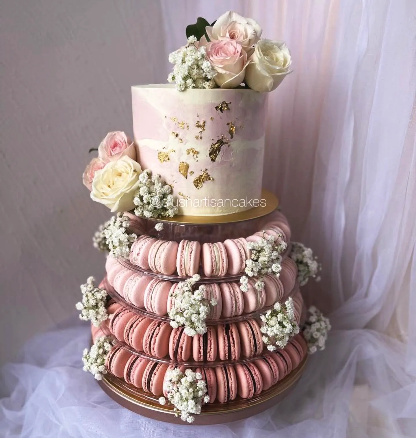 Trendy Contemporary Wedding Cake Design with Elegant Pink and Gold Accents