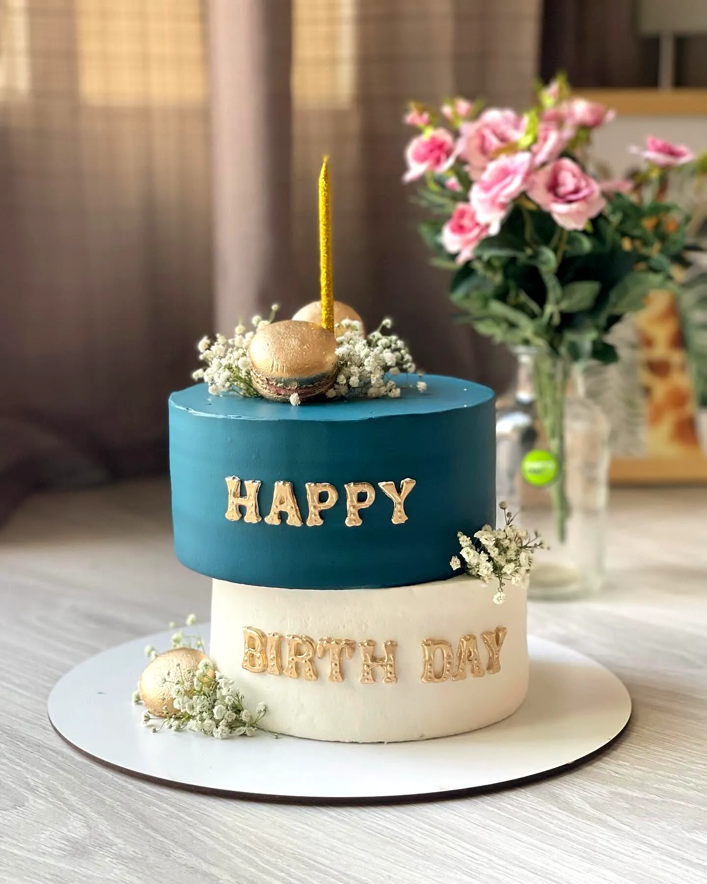 Trendy Two-Tier Birthday Cake for Men in Matte Teal and White Decor