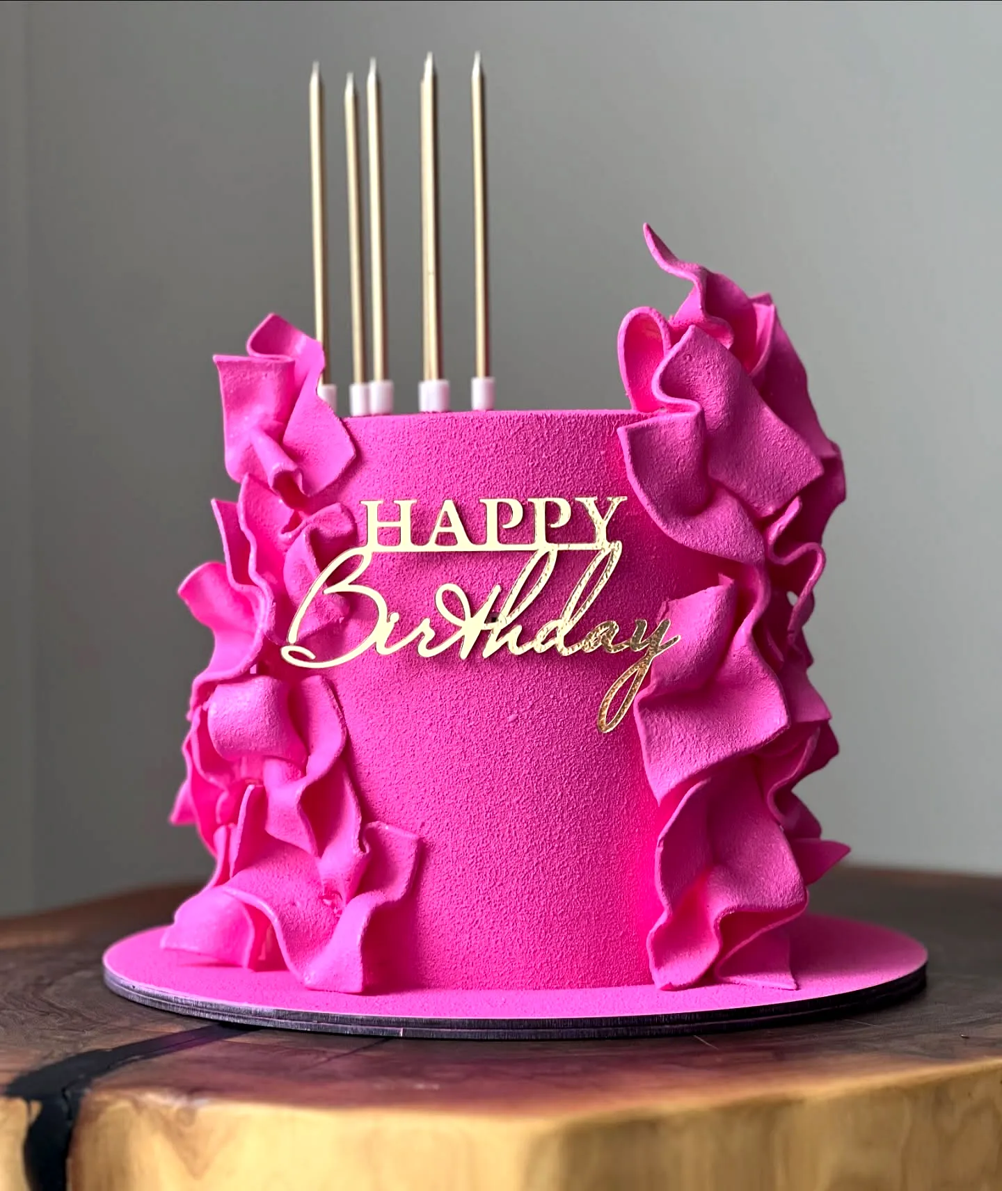 Vibrant Pink Fun Cake for Women with Elegant Ruffles and Gold Topper
