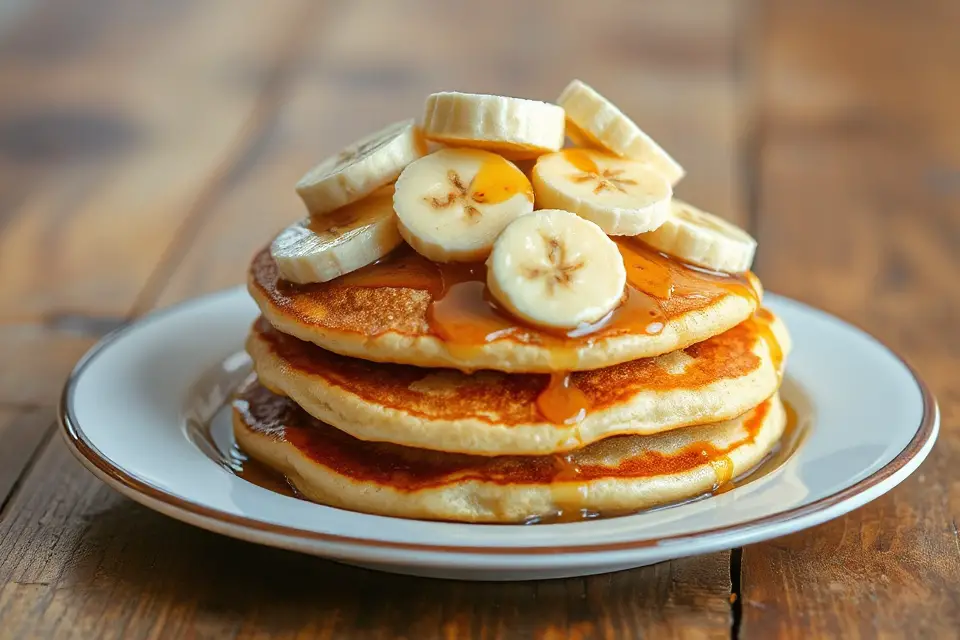 bananas atop fluffy pancakes