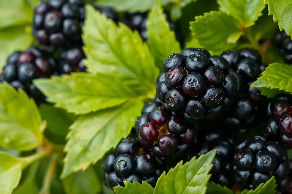 blackberries among green leaves