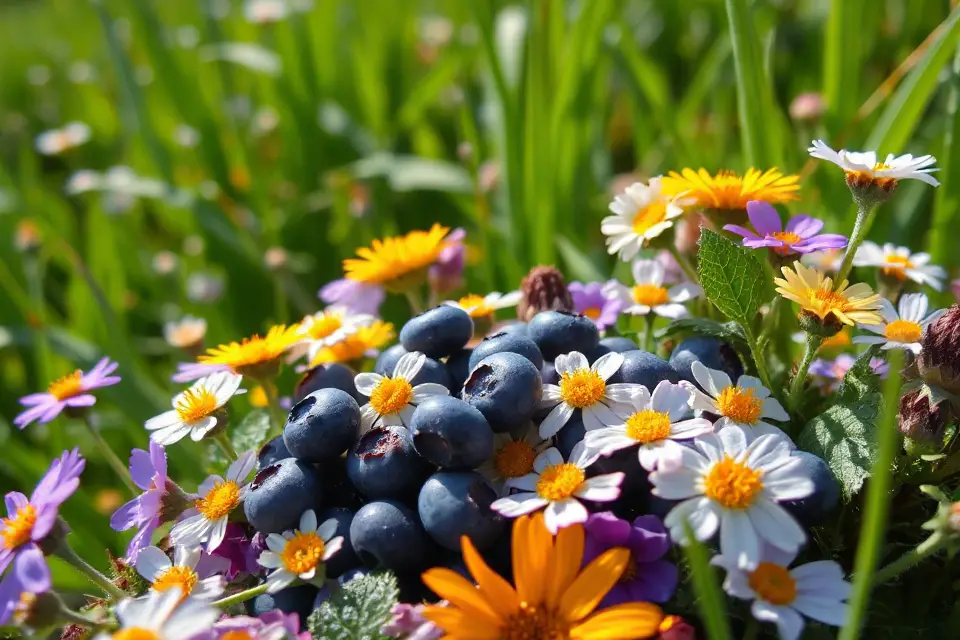 blueberries amidst wildflowers backdrop