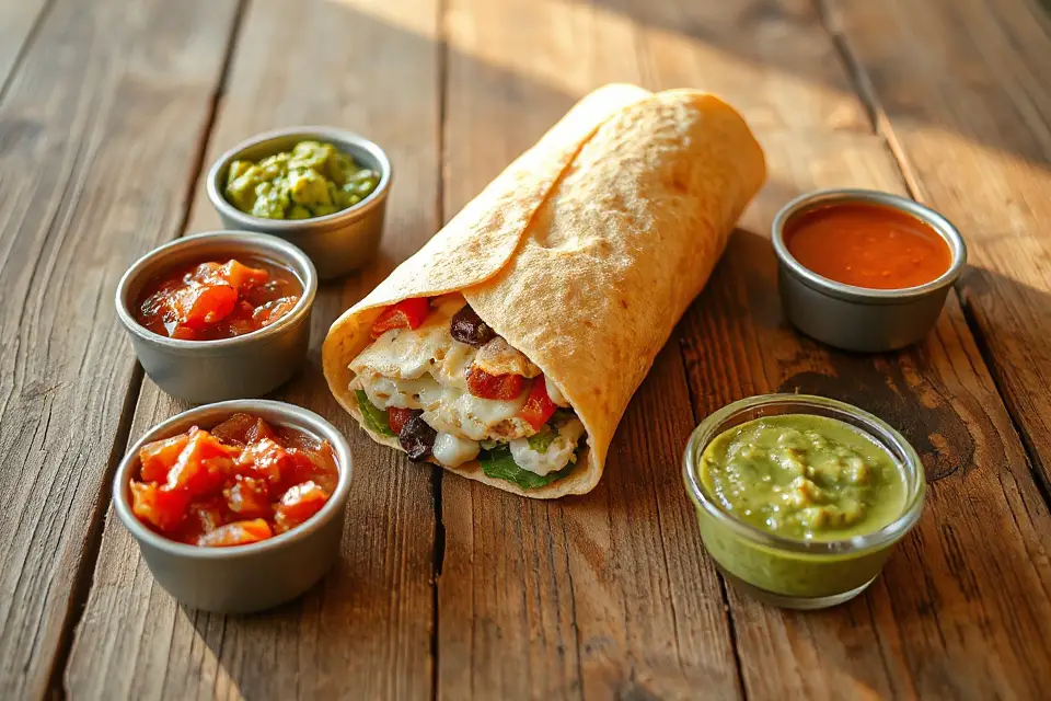 burrito with colorful sauces
