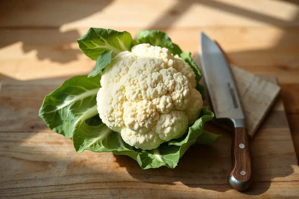 cauliflower with rustic knife