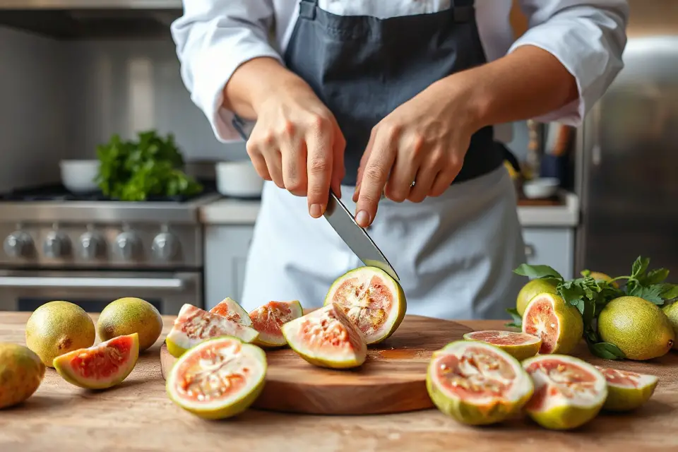 chef cutting guava in kitchen
