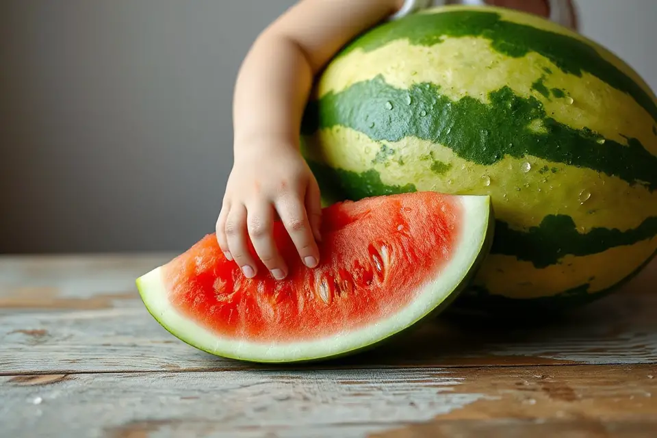 child reaching for watermelon