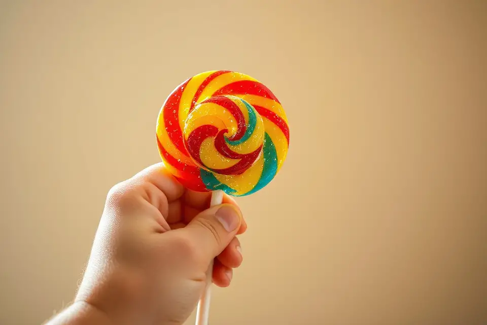 child s hand holding lollipop