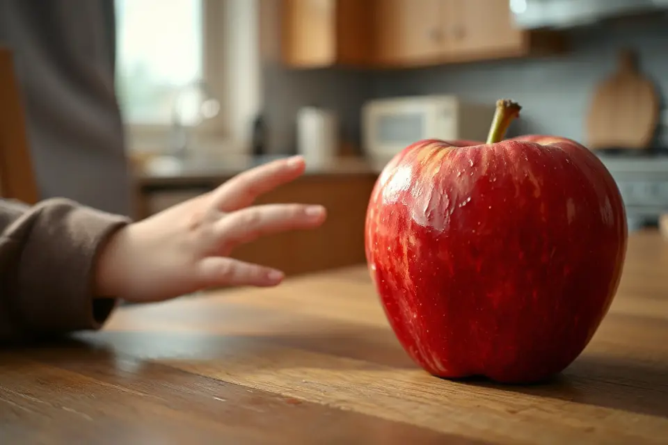 child s hand reaching apple