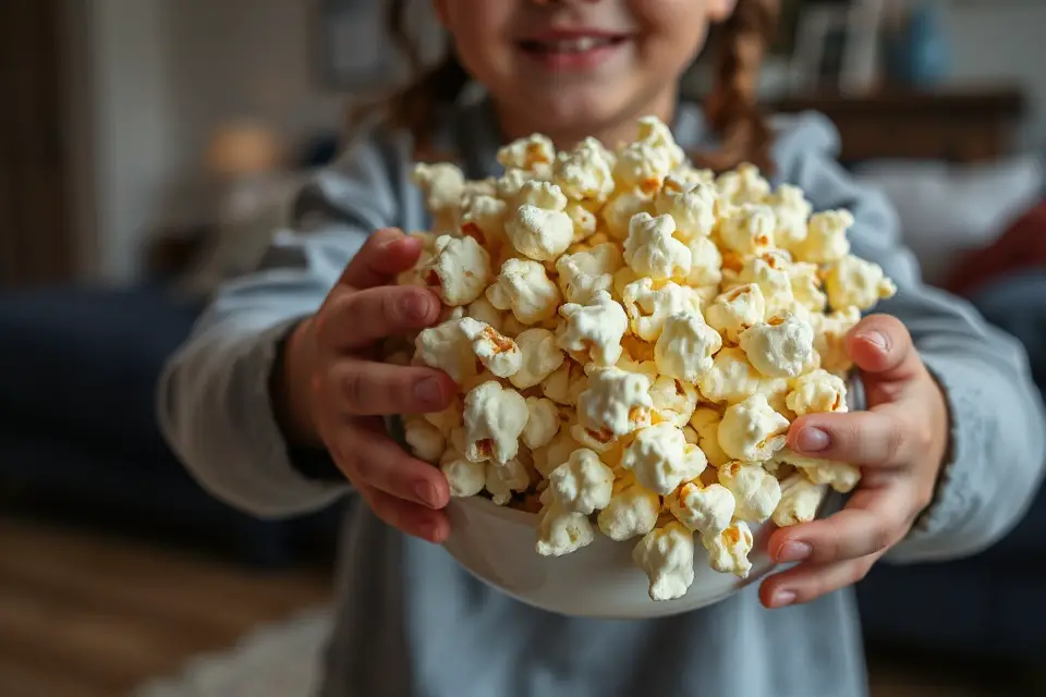 child s hands holding popcorn