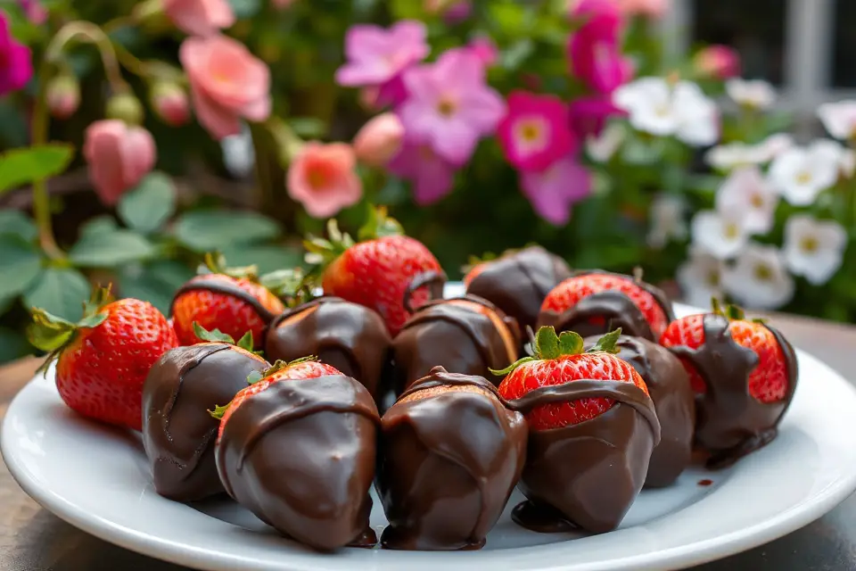 chocolate strawberries garden background