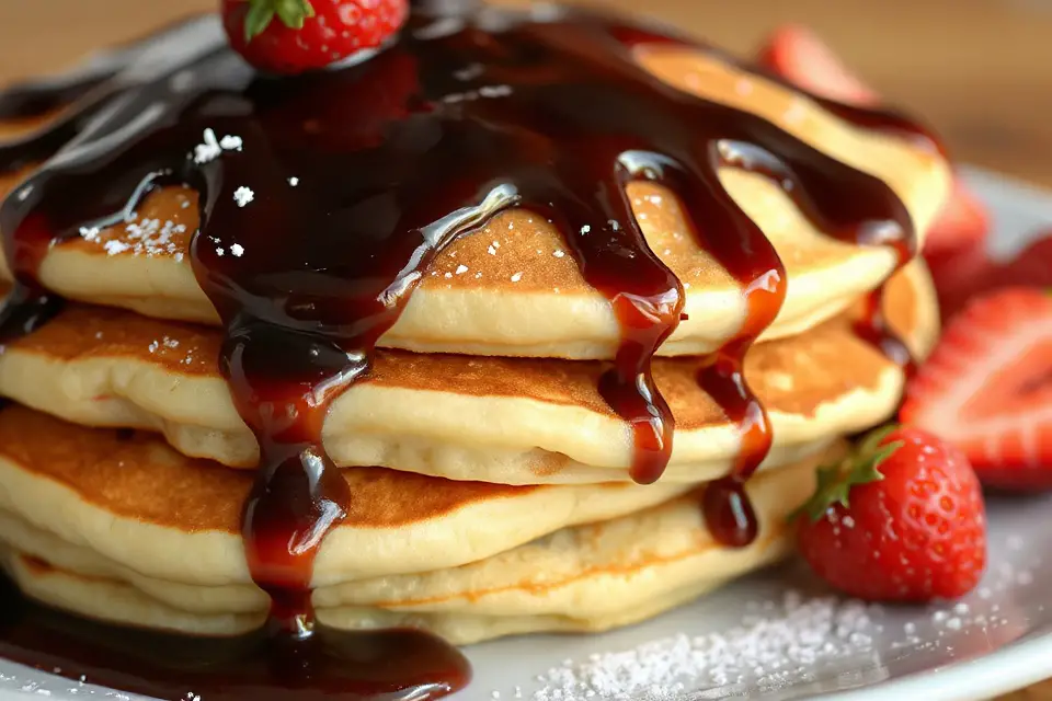 chocolate syrup on pancakes