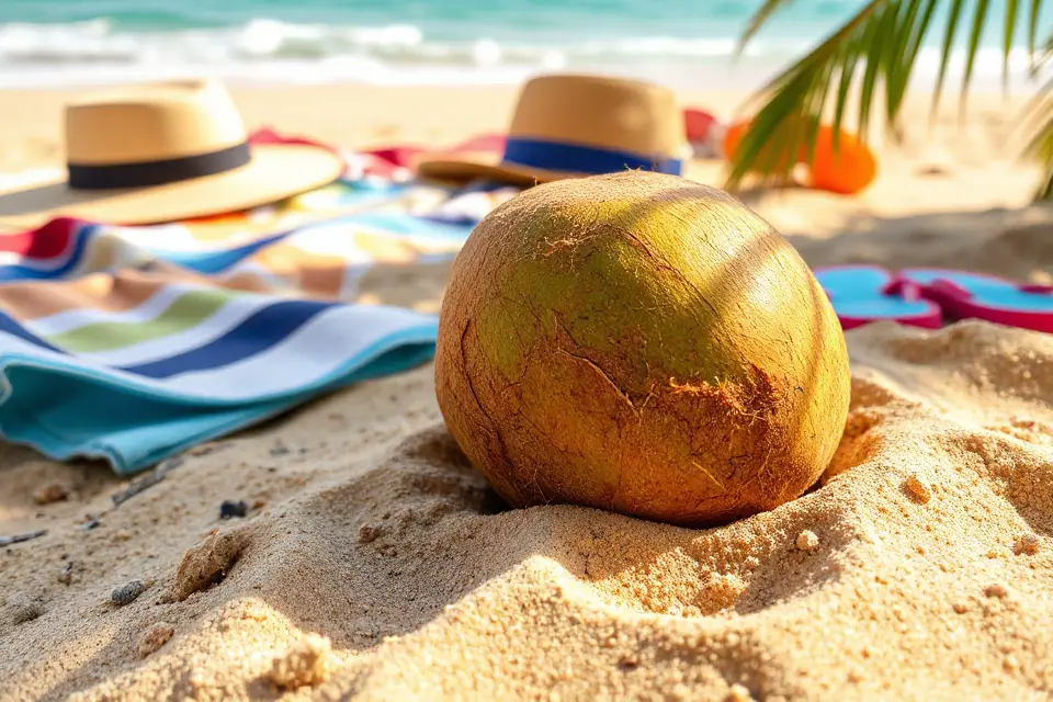 coconut with beach accessories