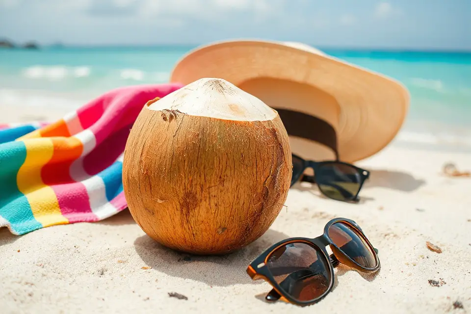 coconut with beach accessories