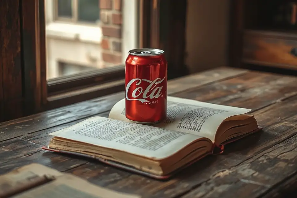 cola can and vintage book